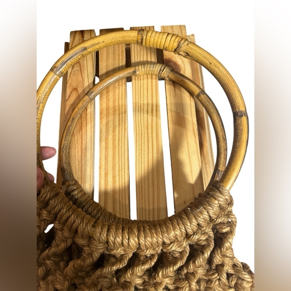 Boho Jute Macramé wood Ring Handle Purse Bag Open Weave Tan Natural - Picture 3 of 4
